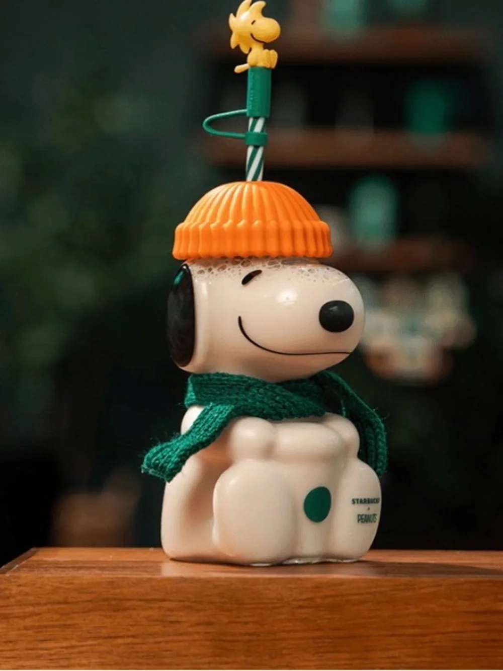 Starbucks Peanuts Snoopy Glass Snowman Tumbler - Green & Orange